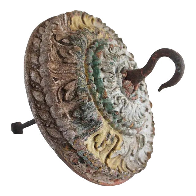 Very Indian Goan Carved and Painted Teak Ceiling Medallion Hook For Sale