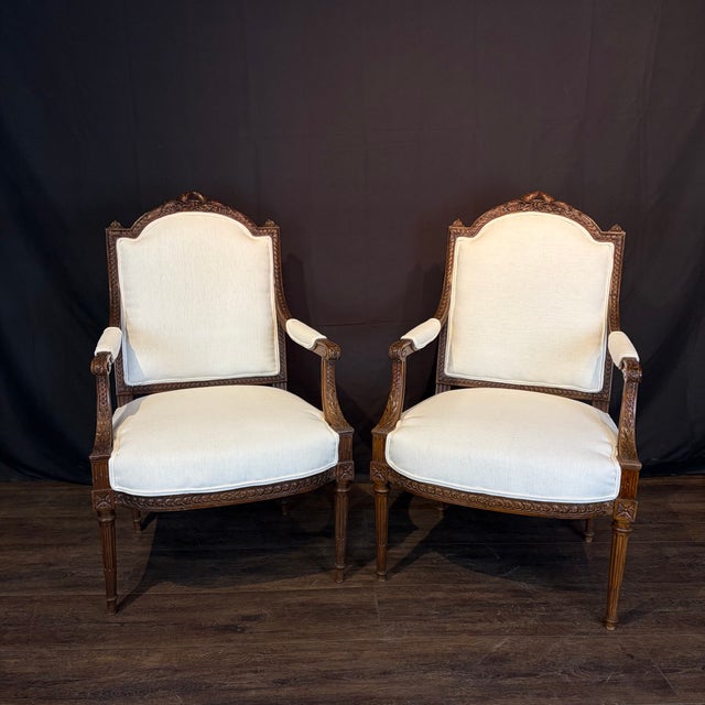 Carved Walnut Antique French Armchairs or Fauteuils - A Pair For Sale - Image 4 of 15