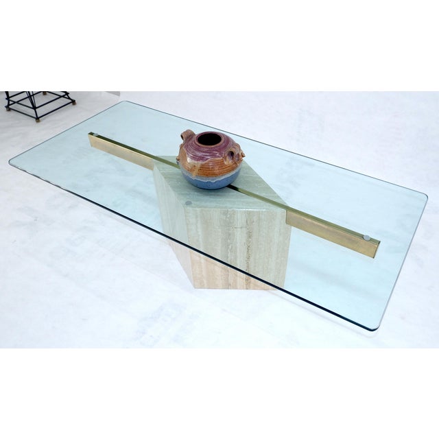 Italian Travertine Single Pedestal Diamond Shape Base Glass Top Coffee Table For Sale - Image 6 of 13