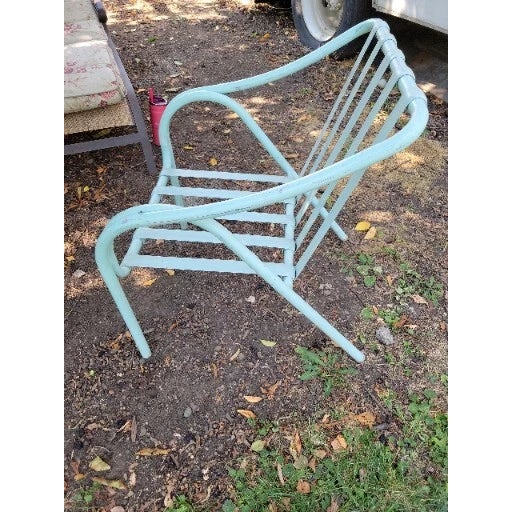 Mid-Century Modern Mid 19th Century Brown Jordan Patio Chair Metal Vertical Vinyl Strap Double Arm Aqua Stacks MCM For Sale - Image 3 of 4