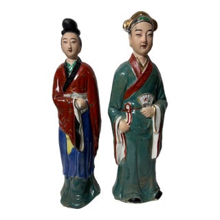 19th Century Antique Pair Chinese Famille Rose Enamel Porcelain Figures 14" For Sale