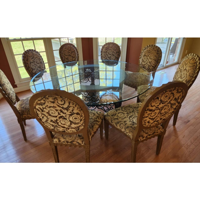 Glass Custom Round Glass Dining Table With Eight Matching Chairs For Sale - Image 7 of 10