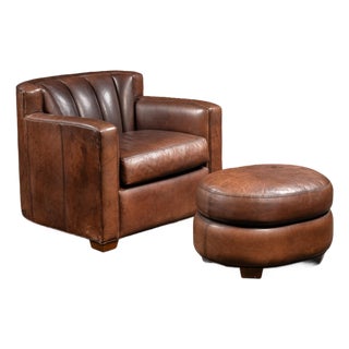 Vintage Leather Clamshell Club Chair and Ottoman Set For Sale