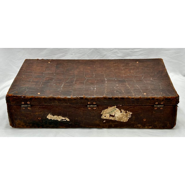 Antique Early 20th Century Crocodile - Alligator Style Embossed Leather Suitcase With Brass Hardware For Sale - Image 18 of 18