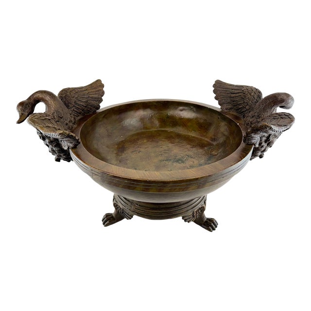 Antique-Style Stetson Wooden Bowl With Carved Swan Handles For Sale