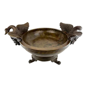 Antique-Style Stetson Wooden Bowl With Carved Swan Handles