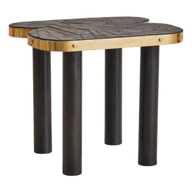 Vintage French Slate + Brass Side Table Signed MARLO For Sale