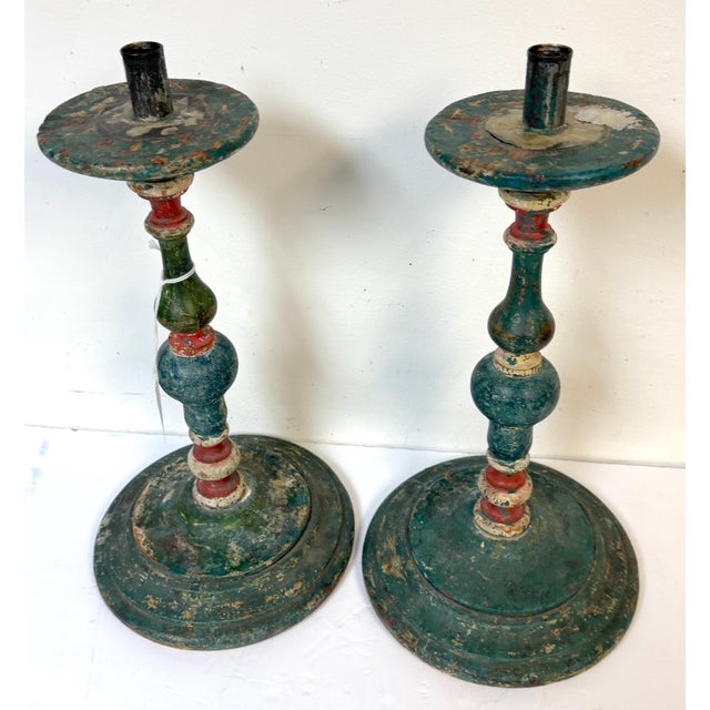Baroque Pair Tuscan Polychrome Wooden Altar Candlesticks, Worn Patina, 18th / 19th C. For Sale - Image 3 of 17