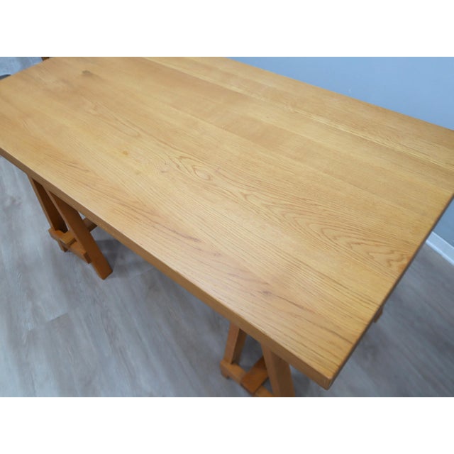 Trestle Beech Writing Desk with Leather Chairs, Italy, 1970s, Set of 3 For Sale - Image 15 of 17