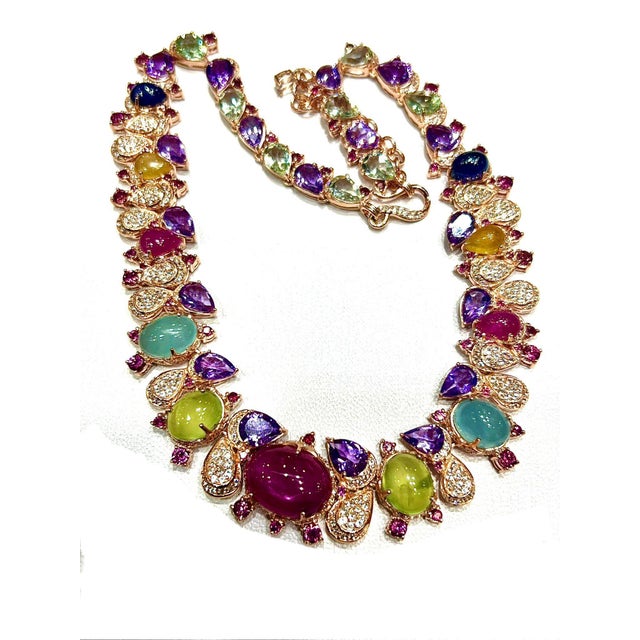 Pink Bochic “Capri” Vintage Red Ruby & Yellow Sapphire Necklace Set in 18K & Silver For Sale - Image 8 of 11