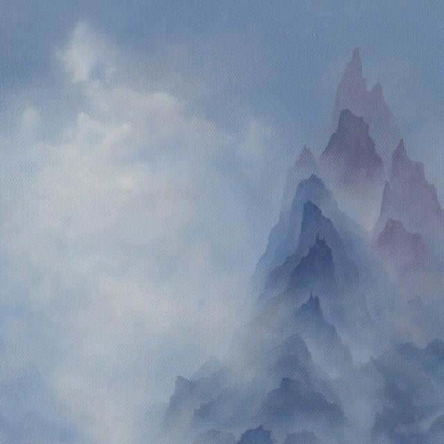 Early 21st Century Asian Elephant Standing Before Hazy Blue Mountains by Brian Mashburn | Oil on canvas of an elephant in a misty landscape For Sale - Image 5 of 5