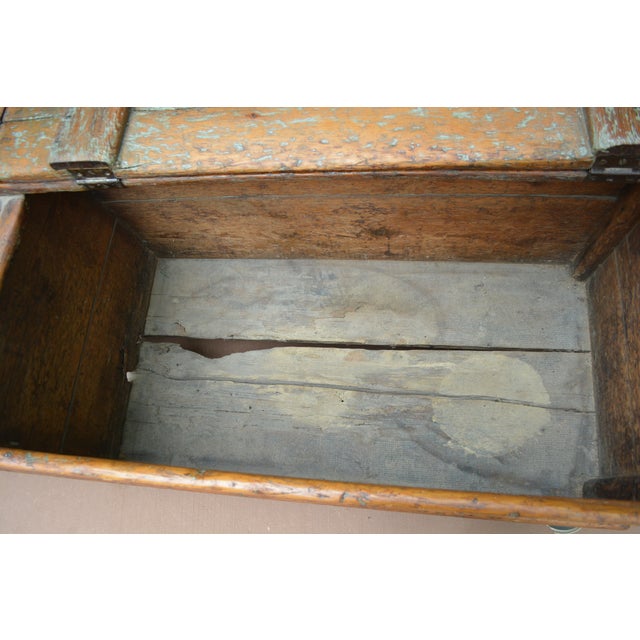 1900 - 1909 Antique European Rustic Wood Pine Trunk / Blanket Box W/ Double Lift Up Lids For Sale - Image 5 of 17