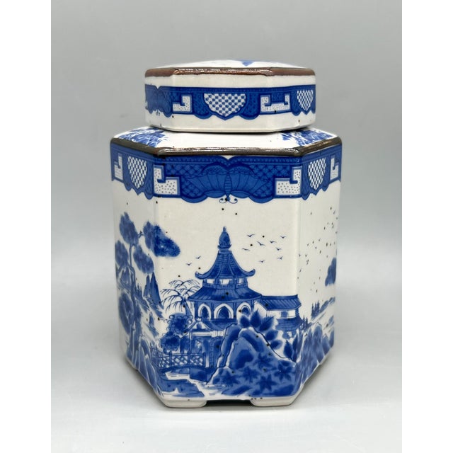 Set of Three Vintage Blue & White Porcelain Tea Caddies | Lidded Chinoiserie Canisters - Chinoiserie, Traditional, Grandmillennial For Sale - Image 12 of 18