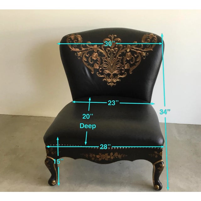 Florio Collection Black Leather Chair with Embroidery and Hand Painted Chinoiserie For Sale - Image 9 of 10