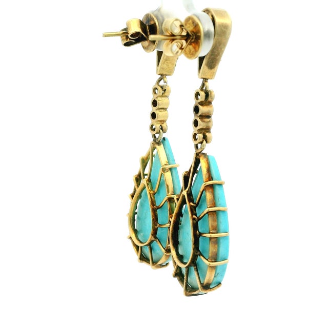 2000 - 2009 Italian 18k Gold Turquoise and Diamond Drop Earrings, Pair For Sale - Image 5 of 11