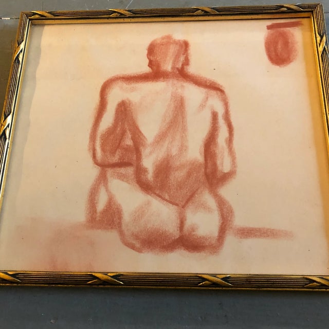 Original 9.5 x 10.5 sepia drawing on paper unsigned sketch overall size with vintage frame is 10 x 11