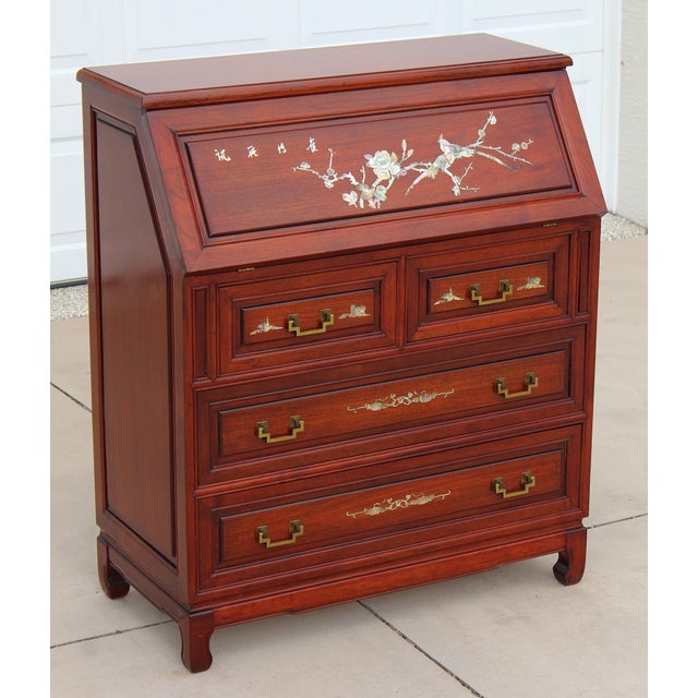 Asian Rosewood Secretary Desk With Mother-of-Pearl Inlay, Bird & Blossom Motif, Slant Front Writing Desk For Sale - Image 4 of 18