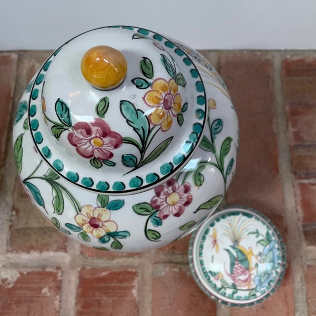 White Hand Painted Majolica Jars From Portugal With Birds & Flowers - Set of 2 For Sale - Image 8 of 12