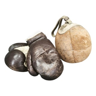 Leather Boxing Gloves and Punching Ball, Czechoslovakia, 1940s, Set of 3 For Sale