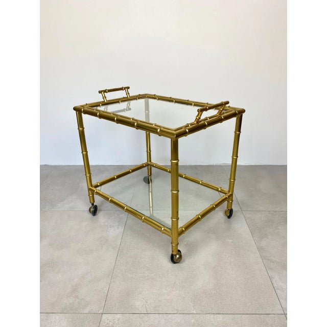 Brass Faux Bamboo Effect & Glass Serving Bar Cart, Italy, 1960s For Sale - Image 9 of 18