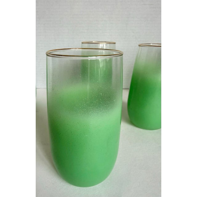 Vintage Green Blendo Frosted Glass Tumblers With Gold Rims - Set of 5 For Sale In Los Angeles - Image 6 of 9