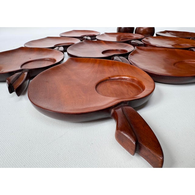 Mid-Century Modern Vintage Caribcraft Mahogany Apple Snack Plates and Cups, Set of 13 For Sale - Image 3 of 15