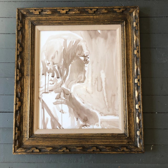 1970s Vintage Original Portrait Watercolor Painting 1970’s Carved Wood Frame For Sale - Image 5 of 5