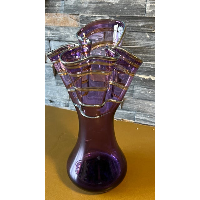 Amethyst Signed Rich Pitkethly Art Glass Amethyst Handkerchief Vase With Swirled Lines For Sale - Image 8 of 12
