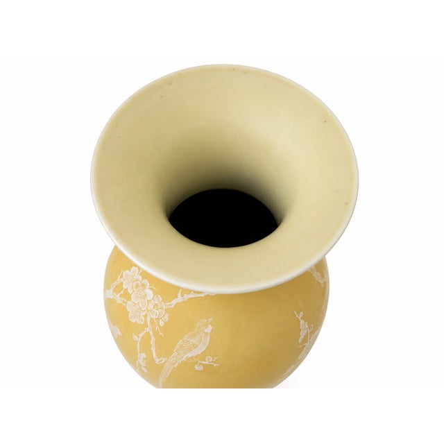 Mid 20th Century Chinese Yellow Porcelain Vase With White Prunus & Bird Motif on Carved Wood Stand For Sale - Image 5 of 6