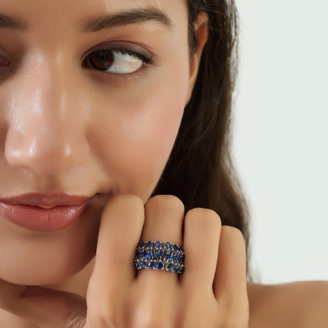 3.4 Ct Certified Natural Blue Sapphire Three Row Mosaic Cluster Ring, Size 7 For Sale - Image 4 of 14