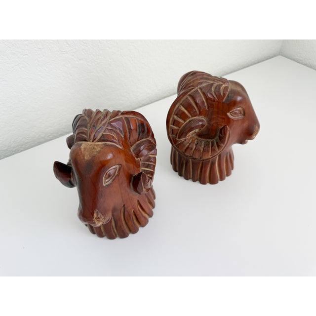 Figurative Carved Wood Rams Head Bookends by Sarreid Spain 1970s - A Pair For Sale - Image 3 of 11