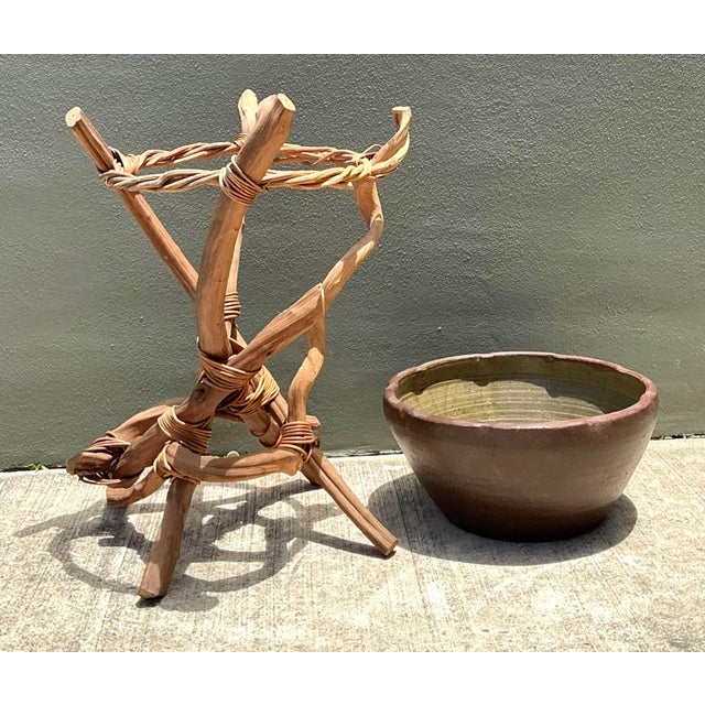 Vintage Twisted Wood and Pottery Plant Stand For Sale In West Palm - Image 6 of 16