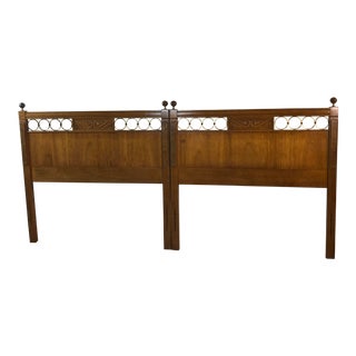 1960s Pecan Wood & Brass Twin Headboards, Pair For Sale