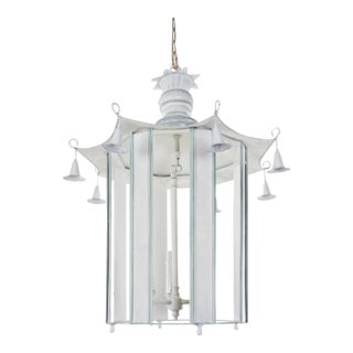 Chinoiserie Toler Ceiling Chandelier With Blue and White Metal Frame and Ornate Roof For Sale