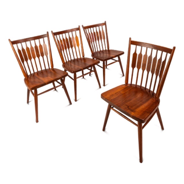 Set of Four (4) Mid-Century Modern Windsor "Centennial" Dining Side Chairs in Solid Walnut Attributed to Kipp Stewart for Drexel, Usa, C. 1960's For Sale