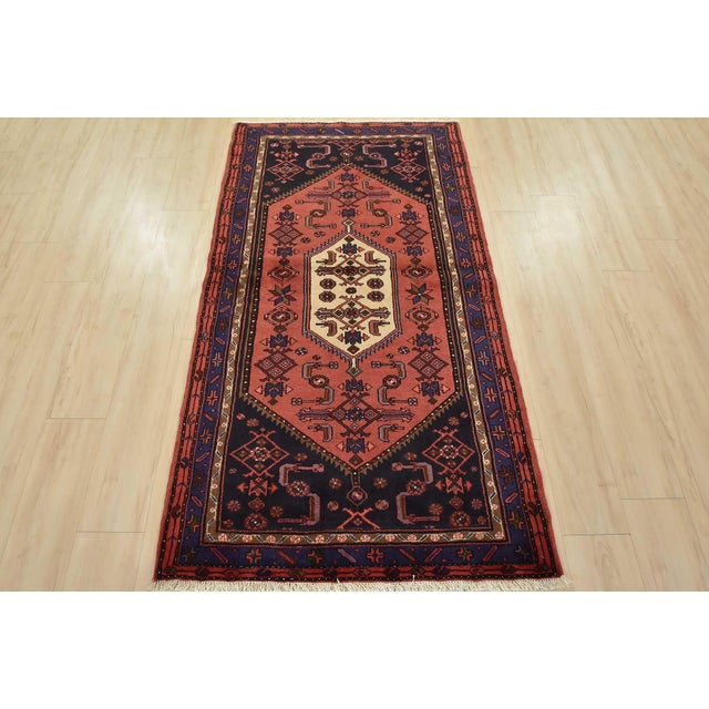 Cabin Hamedan Rug 3'5'' X 6'3'' Red Wool Vintage Tribal Hand-Knotted Oriental Carpet For Sale - Image 3 of 13
