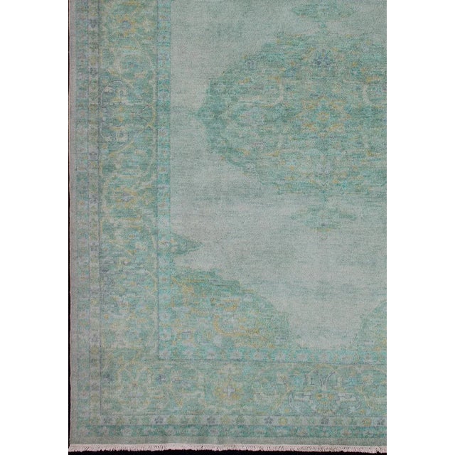 Measures: 6'7 x 9'2. Modern Green Oushak Rug by Keivan Woven Arts, Floral Medallion, 6'7" x 9'2" Modern Oushak rug, Keivan...