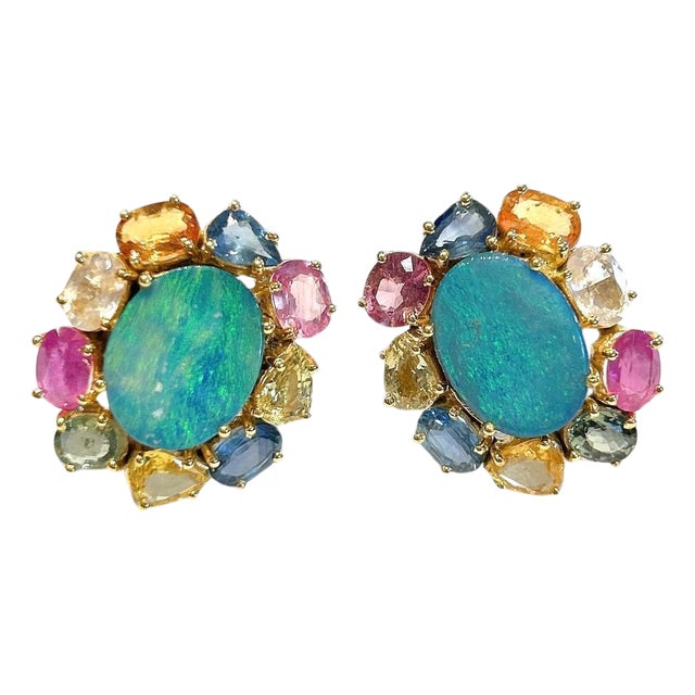 Bochic "Orient" Vintage Opal & Multi Fancy Sapphire Earrings 18K Gold&Silver For Sale