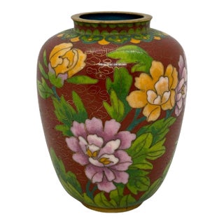Early 20th Century Chinese Cloisonne Vase With Rust Color Background and Purple and Yellow Floral Design For Sale