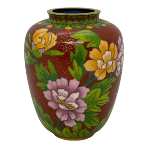 Early 20th Century Chinese Cloisonne Vase With Rust Color Background and Purple and Yellow Floral Design