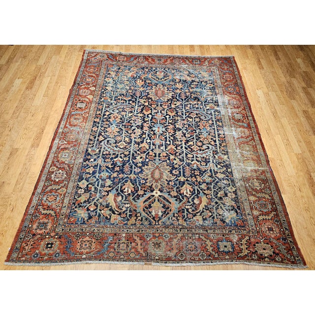 Antique Heriz Serapi Rug, Hand-Knotted Wool, Allover Tree of Life Pattern, Blue & Brick-Red, 9x12 For Sale - Image 14 of 18
