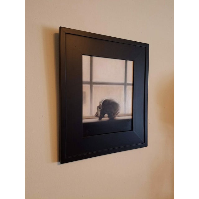 This oil on board painting presents a meticulously rendered skull, positioned against a softly diffused background of...