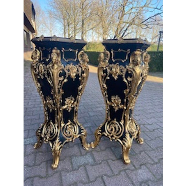 Pair 1990 Italian Baroque Black Gold Pedestals W/ Marble Effect Tops – 2 Pieces For Sale - Image 15 of 15