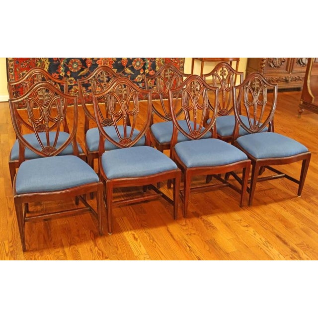 Set of 8 Regency Style Solid Mahogany Fleur-de-lis Blue Fabric Dining Chairs Dimensions :39" Tall X 21.5" Wide X 20" Deep...
