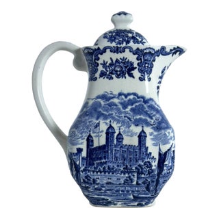 Antique English Wedgewood Tower of London Blue & White Transferware Coffee Pot For Sale