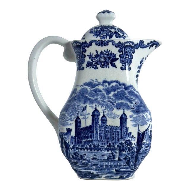 Antique English Wedgewood Tower of London Blue & White Transferware Coffee Pot For Sale