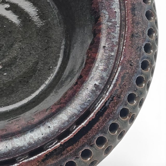 Vintage California Studio Pottery Double Wall Perforated Ikebana Stoneware Bowl For Sale In San Francisco - Image 6 of 11