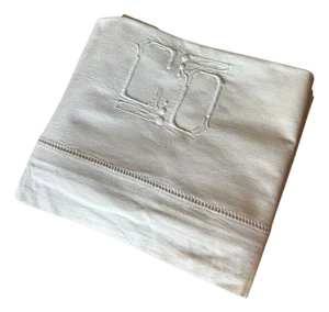 Antique French Linen Sheet CD Monogram Ladder Work White Trousseau Linen Bed Sheet Circa 1920