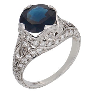 1930s Art Deco Gia 2.60 Carat No Heat Sapphire Diamond Platinum Filigree Ring, Size 5.25 For Sale