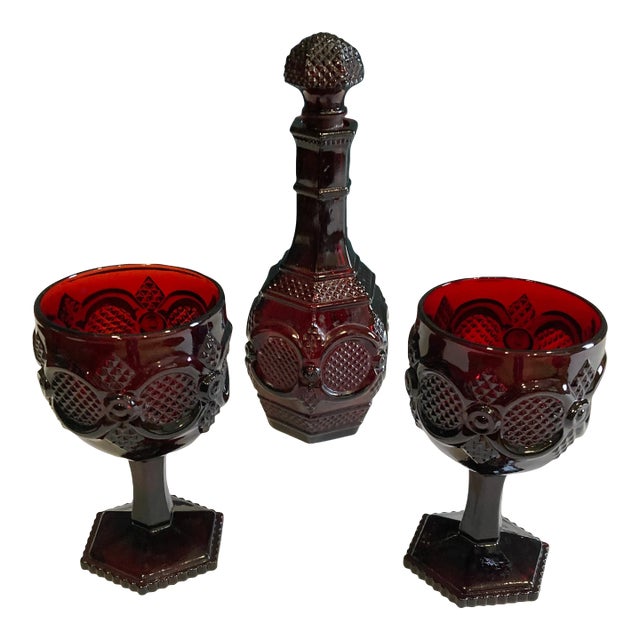 1970's Ruby Red Cut Glass Decanter and Wine Glasses- 3 Pieces For Sale